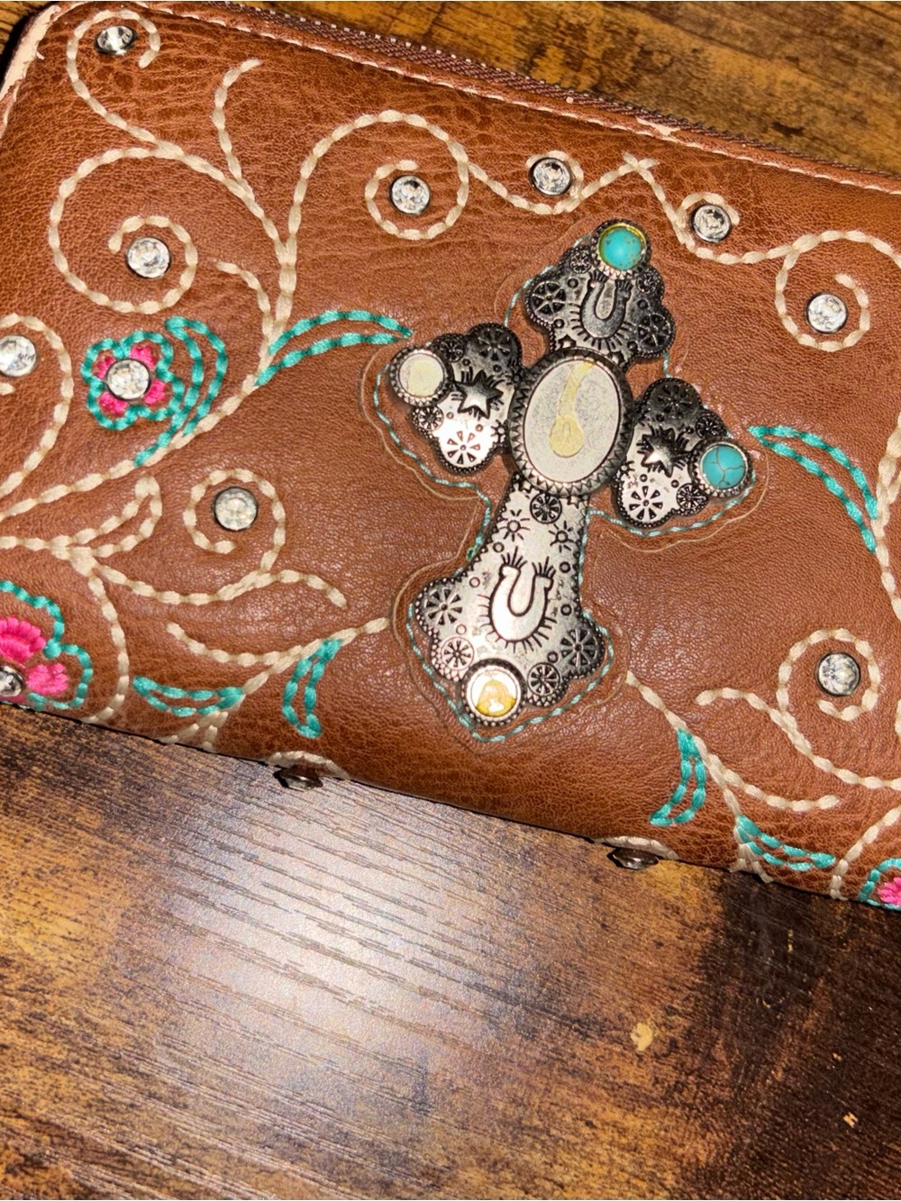 Mountain West Western Wristlet Purse Clutch With Cross Turquoise, Studs Billfold
